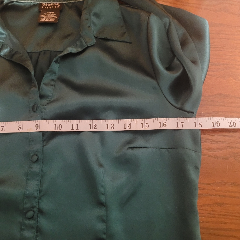 George Stretch Satin Blouse S (4/6) Teal Button Down Shirt Long Sleeve Shimmer - Picture 4 of 5
